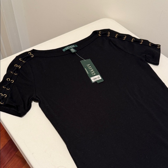 NWT Lauren Ralph Lauren Black Short Sleeve Cotton Crewneck Rope Tie Sleeves. M - Picture 3 of 7